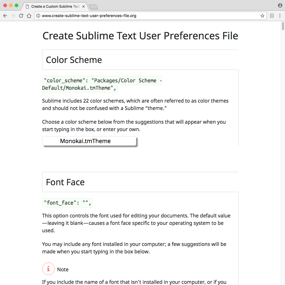 [A screen capture of the Create Sublime Text User Preferences File web site.] 